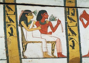 Detalhe da decoração de um sarcófago de A Senhora de Madja, Reino Novo, c.1450 a.C. (madeira pintada) de Egyptian 18th Dynasty