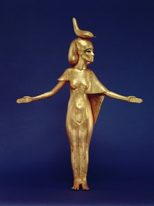 Detalhe da deusa Selket do santuário canópico, do Túmulo de Tutankhamun (c.1370-1352 AC) Novo Reino (madeira dourada) (ver também 228567)