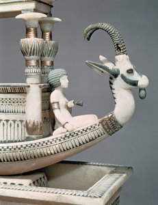 Detalhe da proa de um barco com a cabeça de um ibex sírio e uma figura pensada para ser a Princesa Mutnedjmet, do túmulo de Tutankhamun (c.1370-52 AC) Novo Reino (alabastro) (ver 149413) de Egyptian 18th Dynasty