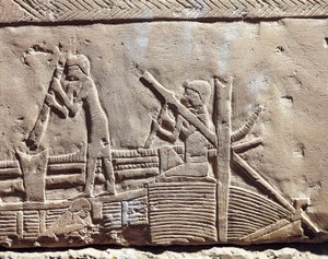 Egito, antiga Mênfis, Necrópole de Saqqara. Mastaba de Ipi. Relevo representando carpinteiros a reparar um barco. (Novo Reino, Dinastia XVIII) de Egyptian 18th Dynasty
