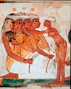 Arte Egípcia: Túmulo de Nakht. Sanita: criada que ajuda três mulheres com flores de lótus a colocar nas jóias antes do banquete funerário. Fresco de Luxor (Site de Tebas, Necrópole do Xeque Abd al-Gournah (Gournah), margem esquerda do rio Nilo, Egito. de Egyptian 18th Dynasty