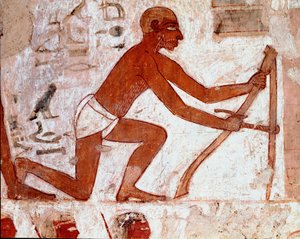 Arte Egípcia: Túmulo de Rekhmire. Ploucher trabalha com a sua ferramenta agrícola. Fresco de Luxor (Site de Tebas, Necrópole do Xeque Abd al-Gournah (Gournah), margem esquerda do rio Nilo, Egito. - Antigo Egito: Túmulo de Rekhmire. O trabalho de um lavrado de Egyptian 18th Dynasty