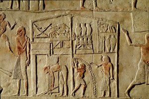 Antiquidade egípcia: "Os alimentos são armazenados em armazéns" Alívio que decora uma sepultura de um alto funcionário da 18ª dinastia. Bolonha Civico Museo Archeologico de Egyptian 18th Dynasty
