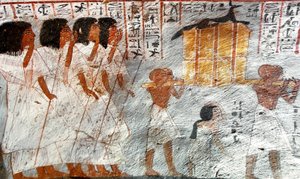 Antiquite egípcio: procissão com portadores de vasos de dossel usados para coletar as vísceras do falecido. Pintura da Tumba de Roy de Egyptian 18th Dynasty