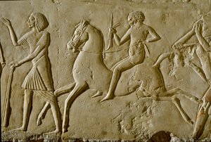 Antiquidade egípcia: alívio com guerreiro a cavalo. Fim da 18ª dinastia de Egyptian 18th Dynasty
