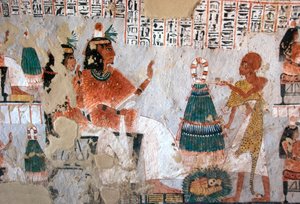 Antiguidade egípcia: representação de Roy e sua esposa Nebtawy frente a um sumo sacerdote. Pintura do Túmulo de Roy (TT255). 18ª dinastia. Da Cisjordânia de Luxor, Egipto. de Egyptian 18th Dynasty