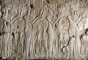 Antiguidade egípcia: jovens raparigas a fazer ofertas. Túmulo de Kherouef (TT192) (18ª Dinastia de Egyptian 18th Dynasty