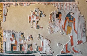 Antiquite egípcia: Horus guia Roy e sua esposa para a peste dos corações. Fragmentos de fresco do Túmulo de Roy (TT255). 18ª dinastia. Da Cisjordânia de Luxor, Egipto. de Egyptian 18th Dynasty