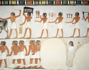 Procissão Funerária, detalhe de afrescos na capela da Tumba de Menna, Sheikh Abd el Qurnah Necropolis, Luxor, Tebas (Lista do Património Mundial da Unesco de Egyptian 18th Dynasty
