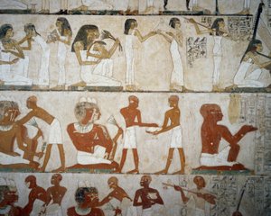 Festa funerária com músicos femininos, senhoras que se adornam com jóias, homens e músicos, Túmulo de Rekhmire, Sheikh Abd el Qurnah Necropolis, Luxor, Tebas (Lista do Património Mundial da Unesco de Egyptian 18th Dynasty