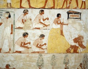 Colheita, debulha e neve de grãos, detalhe de afrescos no vestíbulo do Túmulo de Menna, Sheikh Abd el Qurnah Necropolis, Luxor, Tebas (Lista do Patrimônio Mundial da Unesco de Egyptian 18th Dynasty