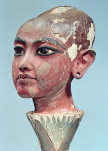 Cabeça do menino rei Tutankhamon (c.1370-52 aC) emergindo de uma flor de lótus, encontrada na entrada do túmulo, New Kingdom (estuque e madeira pintada) (ver também 228554)