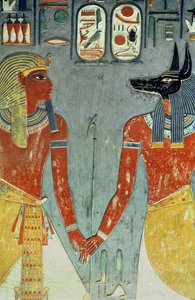 Horemheb e Anubis, do túmulo de Horemheb (c.1323-1295 aC) New Kingdom (pintura de parede) de Egyptian 18th Dynasty