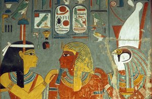 Horus, Horemheb e Hathor, do túmulo de Horemheb (c.1323-1295 aC) New Kingdom (pintura de parede) de Egyptian 18th Dynasty