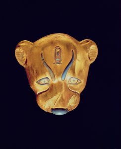 Cabeça de leopardos, do túmulo de Tutancâmon, Novo Reino (madeira coberta com gesso revestida de ouro)