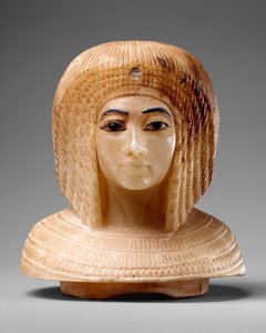 Tampa em forma de cabeça de mulher real, c.1349-36 a.C. (travertino, vidro azul, obsidiana) de Egyptian 18th Dynasty