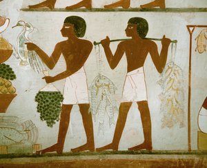 Homens transportam fruta e alimentos para os defuntos de Egyptian 18th Dynasty