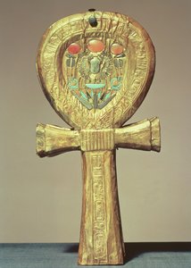 Estojo para espelho em forma de ankh, do túmulo de Tutancâmon (c.1370-52 aC) Novo reino (madeira dourada incrustada com pasta de vidro)