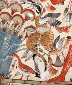 Nebamun caça nos pântanos com sua esposa uma filha, parte de uma pintura de parede da capela-túmulo de Nebamun, Tebas, Novo Reino, c.1350 aC (gesso pintado) (detalhe de 3748) de Egyptian 18th Dynasty