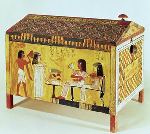 Peito pintado com uma cena de banquete do túmulo de Kha (dc1390-52 aC) encontrado em Deir el-Medina, Novo Reino (madeira)