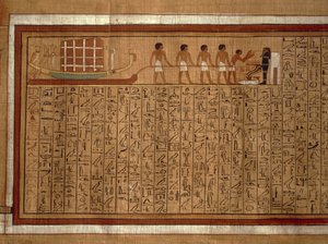 Papiro com os hieróglifos do "Livro dos Mortos" e ilustrações policromadas do túmulo de Kha em Tebas. Novo Reino, Dinastia XVIII de Egyptian 18th Dynasty