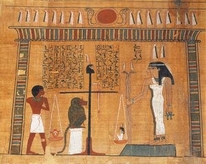 Papiro do Livro dos Mortos: o defunto em julgamento perante o tribunal de Osíris de Egyptian 18th Dynasty
