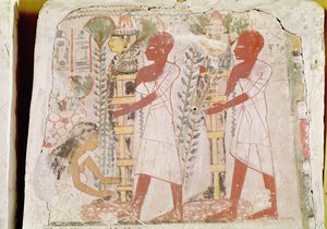 Preparação de duas múmias para a cerimônia de purificação, do túmulo de Merymaat, New Kingdom (pintura de parede)