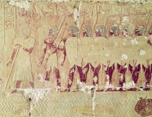 Relief retratando soldados enviados pela Rainha Hatshepsut em uma expedição à Terra do Punt para trazer de volta ingredientes para uso no ritual do templo, do Templo Mortuário de Hatshepsut, c.1503-1482 aC, Novo de Egyptian 18th Dynasty