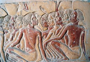 Relevo de escravos núbios, segundo pátio do túmulo de Horemheb, Necrópole de Saqqara, Mênfis (Lista do Património Mundial da Unesco de Egyptian 18th Dynasty