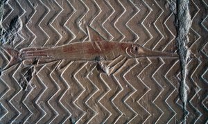 Representação de peixes, cenas do Reino de Punt, parede sul da colunata central, Templo Mortuário de Hatshepsut, Deir el-Bahari, Luxor, Tebas (Lista do Património Mundial da Unesco de Egyptian 18th Dynasty