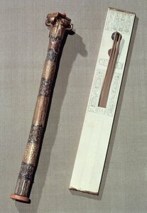 Escriba paleta e um caso para escrever palhetas, do túmulo de Tutancâmon (c.1370-52 aC) Novo Reino (ver também 228566)