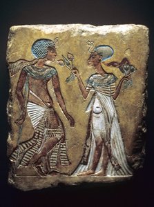 Passeio no jardim, relevo representando Tutancâmon e sua esposa, Ankhesenamun, Novo Reino, c.1330 aC (calcário pintado)