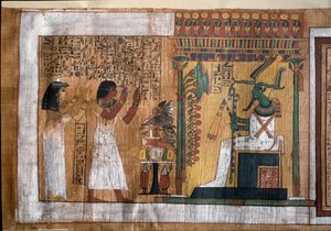 O falecido Kha e sua esposa adoram Osíris, senhor do além - Papiro do Livro dos Mortos, da câmara funerária do arquiteto Kha de Egyptian 18th Dynasty