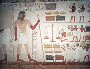 A pesagem de cobre, fresco, Túmulo de Userhat, tutor e escriba durante o reinado de Amenhotep II, também conhecido como túmulo TT56, Sheikh Abd el-Qurna, Tebas (Lista do Património Mundial da Unesco de Egyptian 18th Dynasty