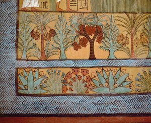 Árvores, cactos e plantas numa pintura religiosa da câmara tumular abobadada de Sennedjem (No de Egyptian 18th Dynasty