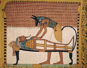 Anubis atende Sennedjems Mummy, do Túmulo de Sennedjem, A Vila dos Trabalhadores, Novo Reino (mural) (ver também 67892)