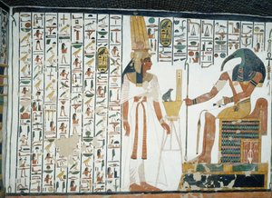 Capítulo 94 do Livro dos Mortos, Nefertari em pé diante do deus Toth, o escriba de cabeça ibis, fresco, parede norte, câmara do lado leste, Túmulo de Nefertari (QV66), Vale das Rainhas, Tebas. Civilização egípcia, Reino Novo, Dinastia XIX.