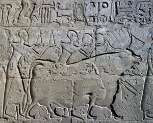 Personagens que simbolizam distritos mineiros trazendo os seus tributos ao deus, relevo, Pátio de Ramsés II, Templo de Amon (Lista do Património Mundial da Unesco de Egyptian 19th Dynasty