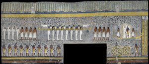 Egipto, Tebas, Luxor, Vale dos Reis, Túmulo de Ramsés I, pintura mural de Ra em casca solar em câmara funerária da 19ª dinastia de Egyptian 19th Dynasty