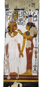 Egito, Tebas, Luxor, Vale das Rainhas, Túmulo de Nefertari, pintura mural da deusa Ísis e rainha em coluna na câmara de enterro da 19ª dinastia