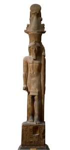 Antiquito egípcio: estátua do faraó Sethi II (Seti ou Sety) (1200-1194 a.C.) da 19ª dinastia em gres rosa, carrega um ceptro com o símbolo do deus Amon, Dim. 465 cm. Museu Egípcio de Turim. de Egyptian 19th Dynasty