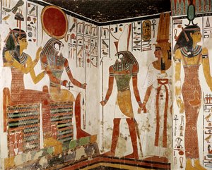 Nefertari é trazido diante do deus Re-Horakhty por Horus, do túmulo de Nefertari, New Kingdom (pintura de parede)