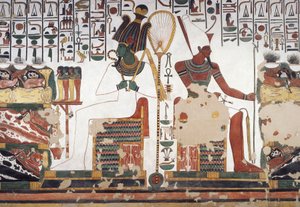 Osiris e Atum, fresco, parede leste, câmara do lado leste, Túmulo de Nefertari (QV66), Vale das Rainhas, Tebas (Lista do Patrimônio Mundial da Unesco) de Egyptian 19th Dynasty
