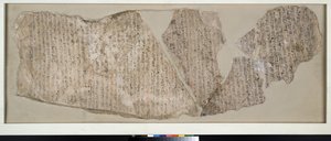 Ostracon, inscrito em hierático em preto e vermelho com uma grande parte da história de Sinuhe (calcário) de Egyptian 19th Dynasty