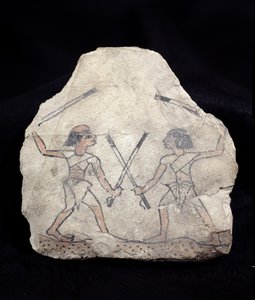 Ostrakon representando dois homens lutando com varas, de Deir El-Medina, New Kingdom (pedra pintada)