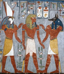 Ramsés I entre Horus e Anubis, fresco, câmara funerária, Túmulo de Ramesses I (KV16), Vale dos Reis, Tebas (Lista do Património Mundial da Unesco)