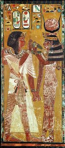 Relevo retratando a deusa Hathor colocando a coleira mágica em Seti I (c.1394-1279 aC) Novo reino (calcário pintado)
