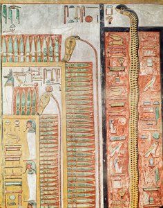 Relevo retratando o caminho que os mortos devem atravessar para a vida após a morte, a partir do túmulo de Seti I (c.1294-1279 aC) Novo Reino (calcário pintado)