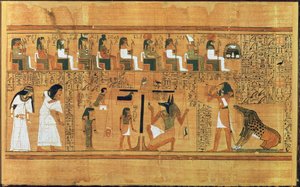 A pesagem do coração contra a pena da verdade, do livro dos mortos do escriba Qualquer, c.1250 aC (papiro pintado)
