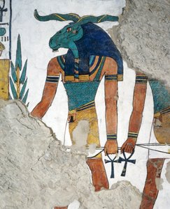 O mensageiro com cabeça de carneiro, terceira porta do Reino de Osíris, capítulo 144 do Livro dos Mortos, fresco, câmara funerária, Túmulo de Nefertari (QV66), Vale das Rainhas, Tebas. Civilização egípcia, Reino Novo, Dinastia XIX. de Egyptian 19th Dynasty